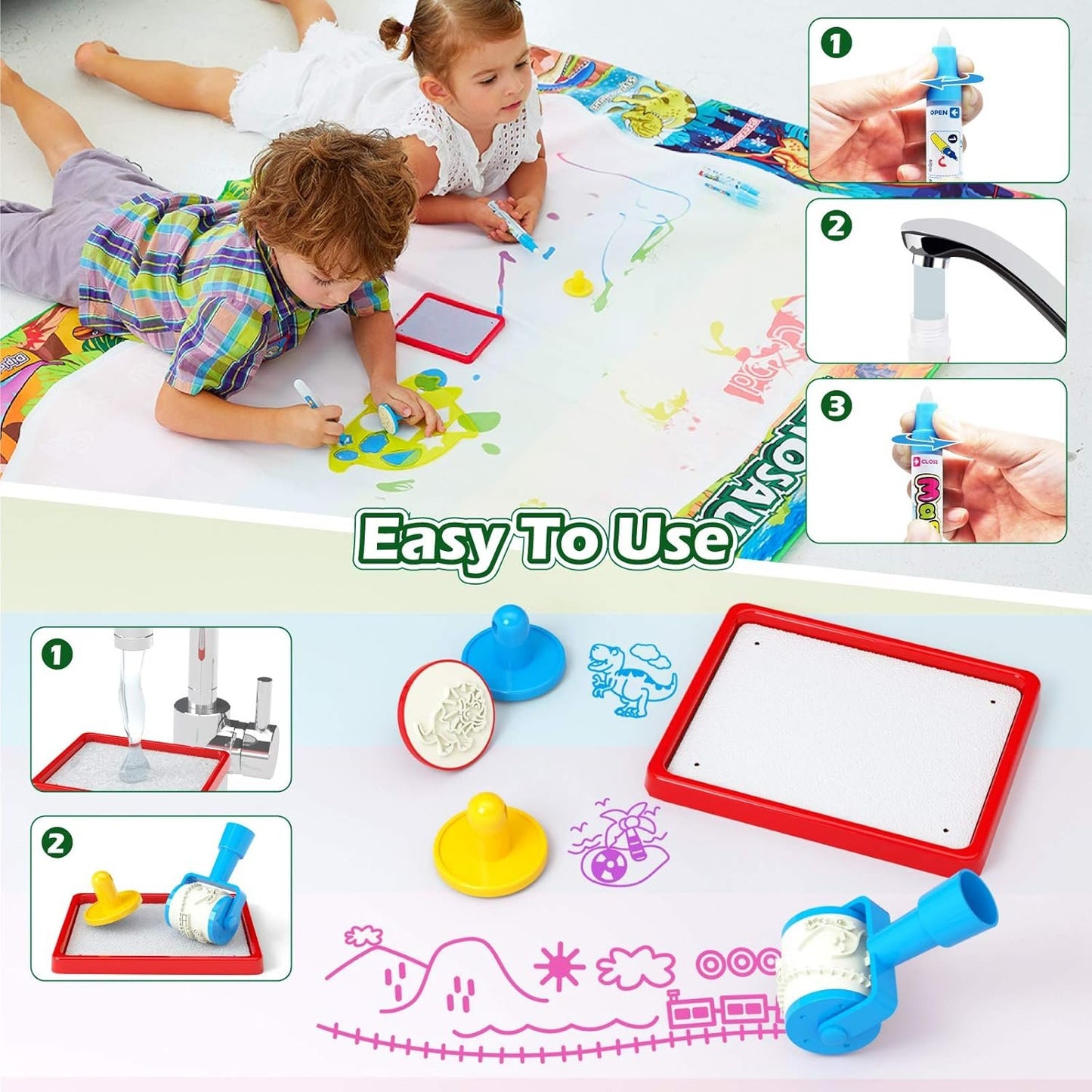 Jasonwell Aqua Magic Water Doodle Mat Large Drawing Coloring Painting Writing Board Educational Learning Toy PENS Water Painting Activity Gifts for Kids Toddlers Boys Girls Age 2 3 4 5 6 7 8 (60 x 40)