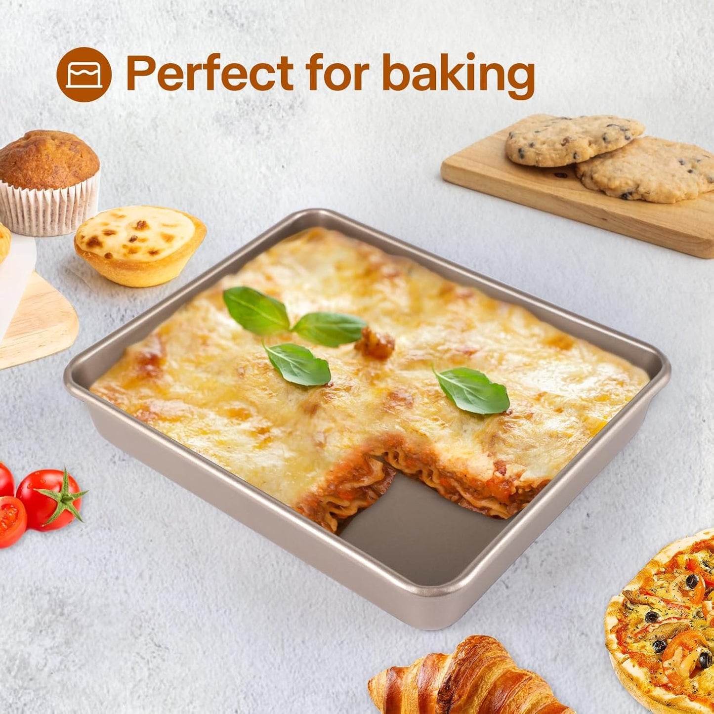 Barlket 3-Pieces Rectangle Cake Pan, Deep Baking Pans Set, Nonstick Roasting Pans Set for Thanksgiving Christmas, 9/11/13 Inch, Toaster Oven Tray Bakeware Set, Lasagna Pan Deep Size, Heavy Duty, Gold