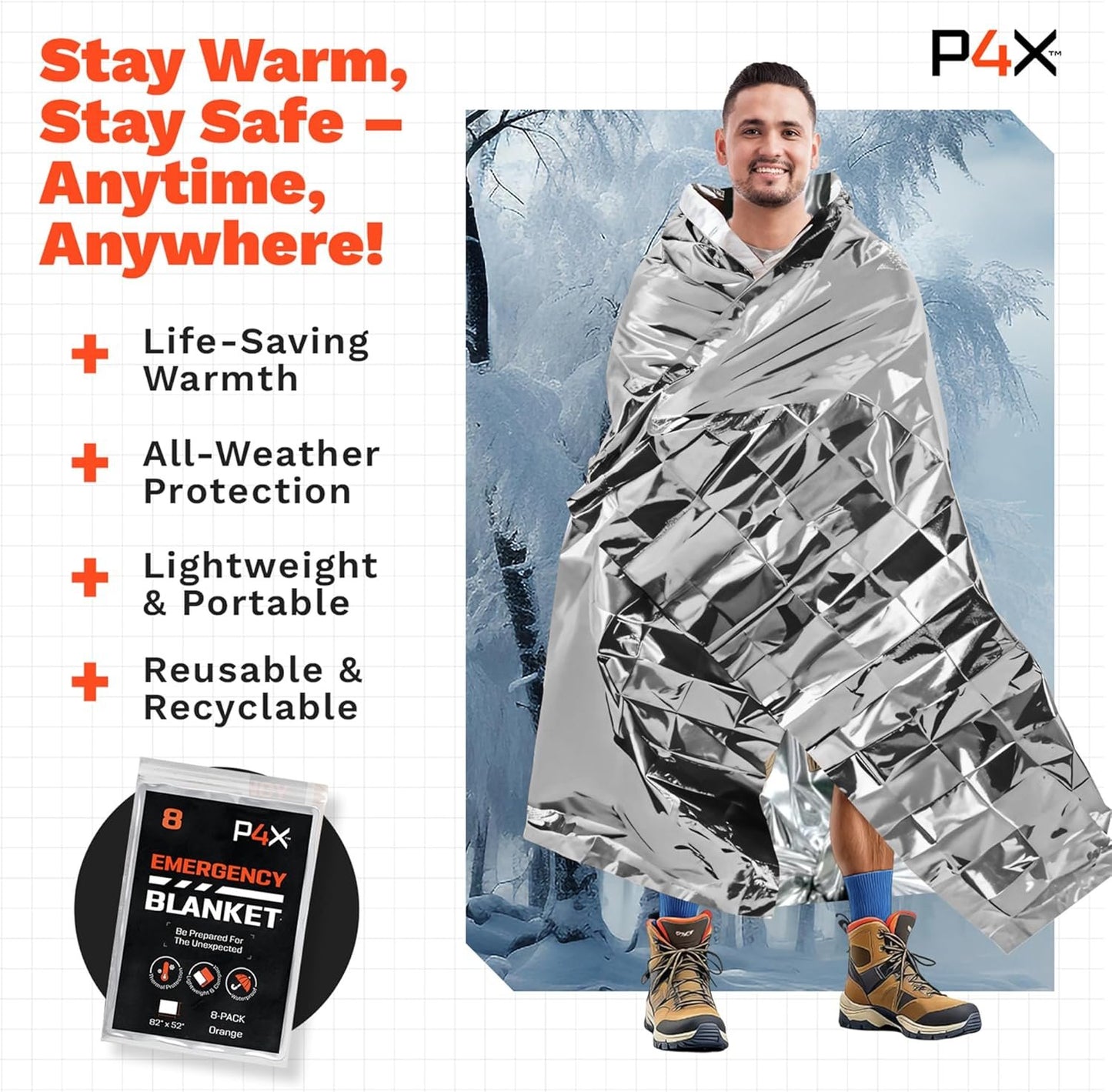 PREPARED4X 8-Pack Large Mylar Emergency Blanket - Mylar Blankets Survival Thick Reusable - Waterproof, Rip, and Tear Resistant Survivalist Gear - Emergency Thermal Blanket for Outdoors 82"x82"