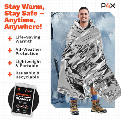 PREPARED4X 8-Pack Large Mylar Emergency Blanket - Mylar Blankets Survival Thick Reusable - Waterproof, Rip, and Tear Resistant Survivalist Gear - Emergency Thermal Blanket for Outdoors 82"x82"