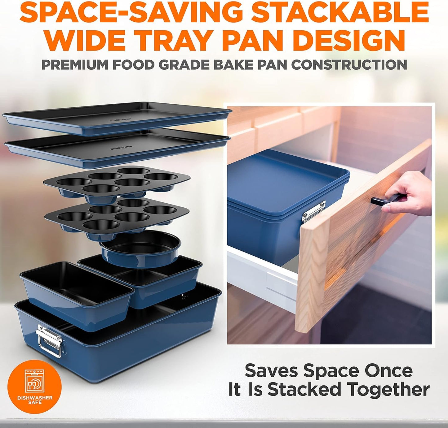 NutriChef, Baking Set, Baking and Cookie Sheets for Oven, Nonstick Stackable Bakeware Tray, Essential Baking Supplies, 8 Piece, Blue