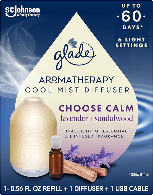 Glade Aromatherapy Diffuser & Essential Oil, Air Freshener for Home, Choose Calm Scent with Notes of Lavender & Sandalwood, 0.56 Fl Oz