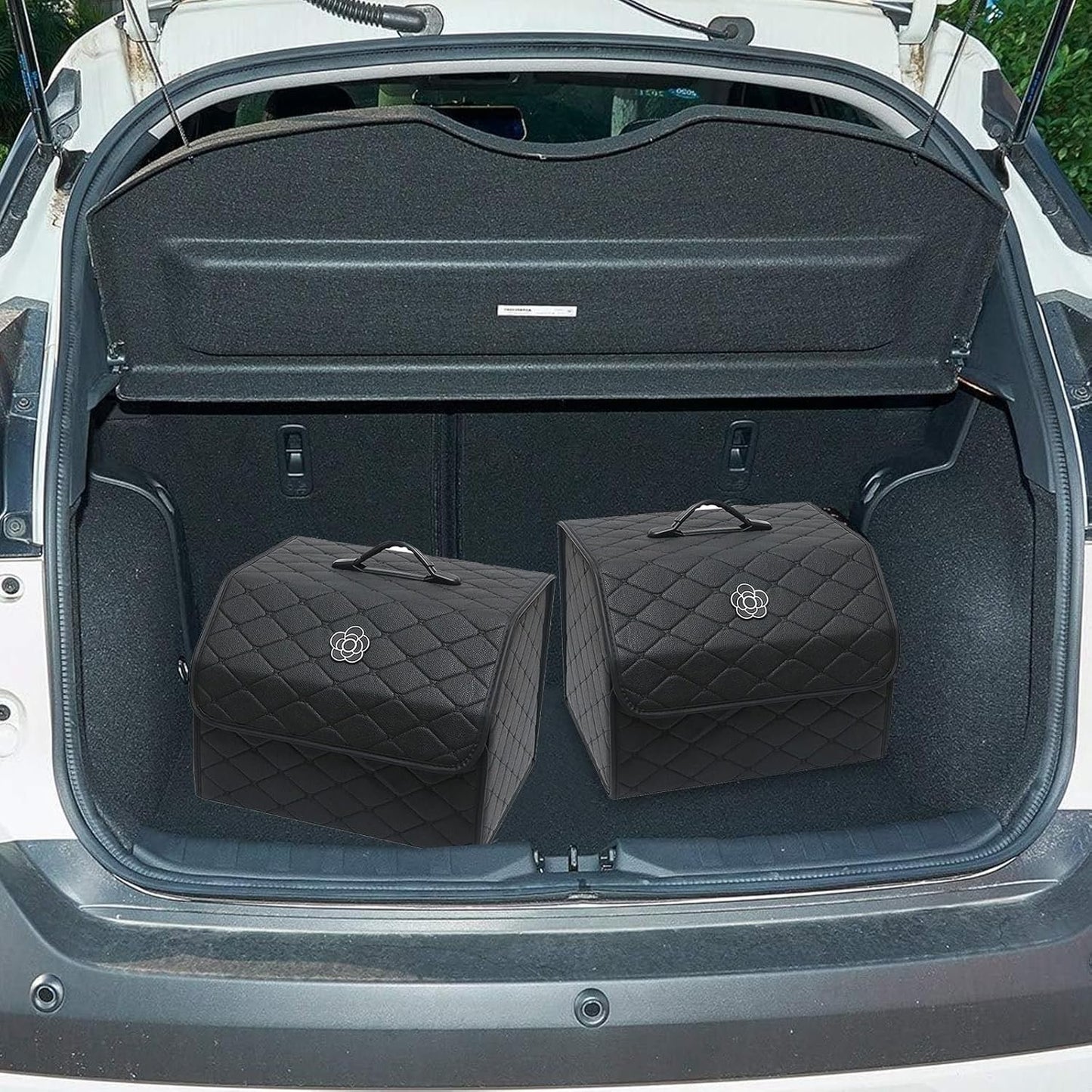 Trunk Organizer for SUV & Sedan, Car Organizers and Storage with Lid Black, Leather Storage Box with Lid, Multi-functional Collapsible Cargo Bins(Large)