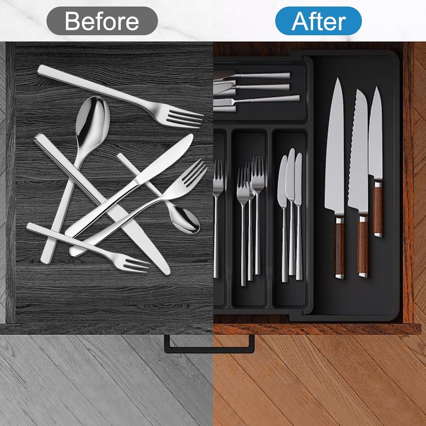 RayLove Utensil Drawer Organizer, Adjustable Cutlery Holder, Large Expandable Tray for Kitchen, Plastic Kitchen Spatula and Tool and Gadget Divider, Black
