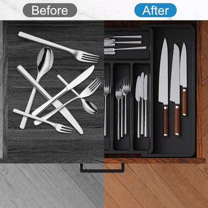 RayLove Utensil Drawer Organizer, Adjustable Cutlery Holder, Large Expandable Tray for Kitchen, Plastic Kitchen Spatula and Tool and Gadget Divider, Black