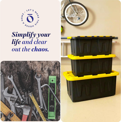 HOMZ 2-Pack Durabilt, Heavy Duty Plastic Storage Bins with Lids, 27 Gallon, Black/Yellow - Stackable Container Boxes for Home, Attic, and Garage Organization