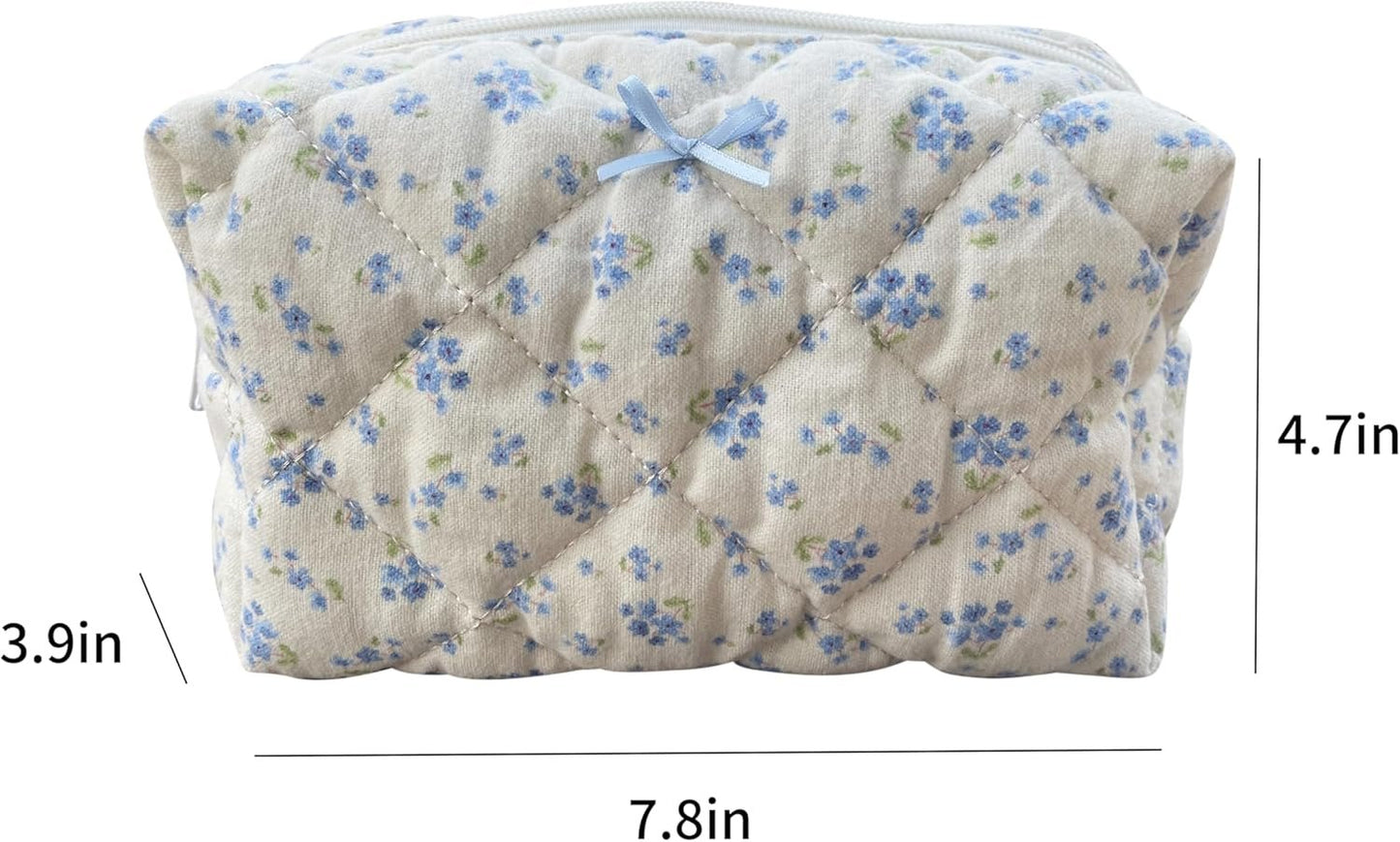 ZUNUONUO Cotton Quilted Makeup Bag Coquette Accessories Make up Bag Organizer Cute Floral Cosmetic Pouch Travel Makeup Bag for Women, Blue floral, Coquette