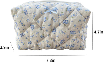 ZUNUONUO Cotton Quilted Makeup Bag Coquette Accessories Make up Bag Organizer Cute Floral Cosmetic Pouch Travel Makeup Bag for Women, Blue floral, Coquette
