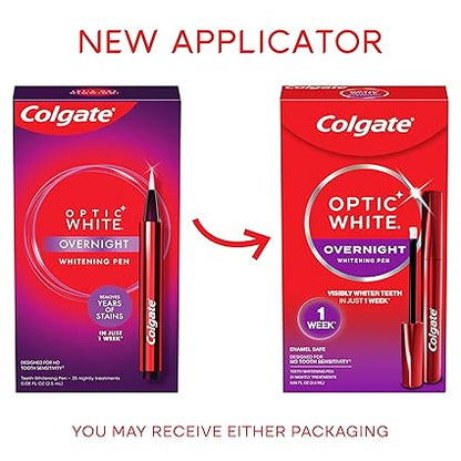 Colgate Optic White Overnight Teeth Whitening Pen, Hydrogen Peroxide Teeth Whitening Pen, Visibly Whiter Teeth In Just 1 Week When Used as Directed, 21 Whitening Treatments, 0.08 fl oz