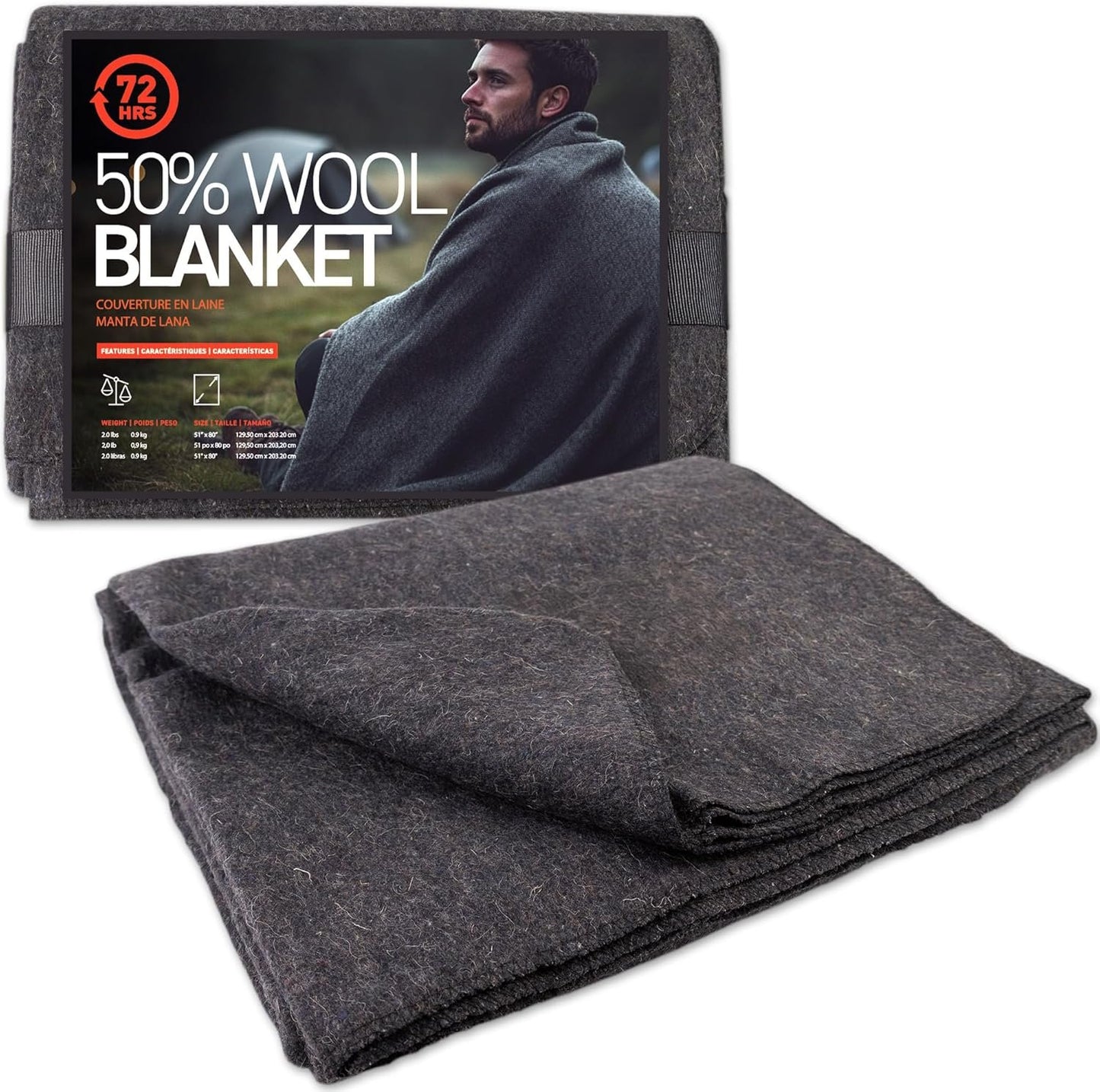 72HRS Wool Blanket, Washable, Durable, Warm, Lock Stitching, 2.0 lbs, 51” x 80”, Autumn, Winter, Survival Kit, Emergency, Recreational Use (50% Wool, 1 Pack)