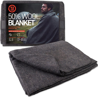 72HRS Wool Blanket, Washable, Durable, Warm, Lock Stitching, 2.0 lbs, 51” x 80”, Autumn, Winter, Survival Kit, Emergency, Recreational Use (50% Wool, 1 Pack)