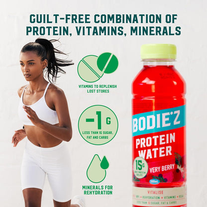BODIE’Z Vitalise 15g Whey Protein Water - Pre-Mixed Protein Powder Drink, Less than 1g Sugar Fat and Carbs, 11 Vitamins and Minerals, Refreshing Supplement for Post Workout, 500ml Very Berry 6 Pack