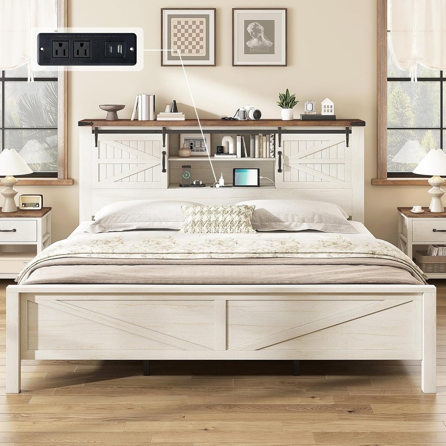 Jocisland Farmhouse Bed Frame with Sliding Barn Door Storage Headboard, Queen Size Bookcase Bed with Charging Station & Adjustable Shelf, No Box Spring Needed, Antique White