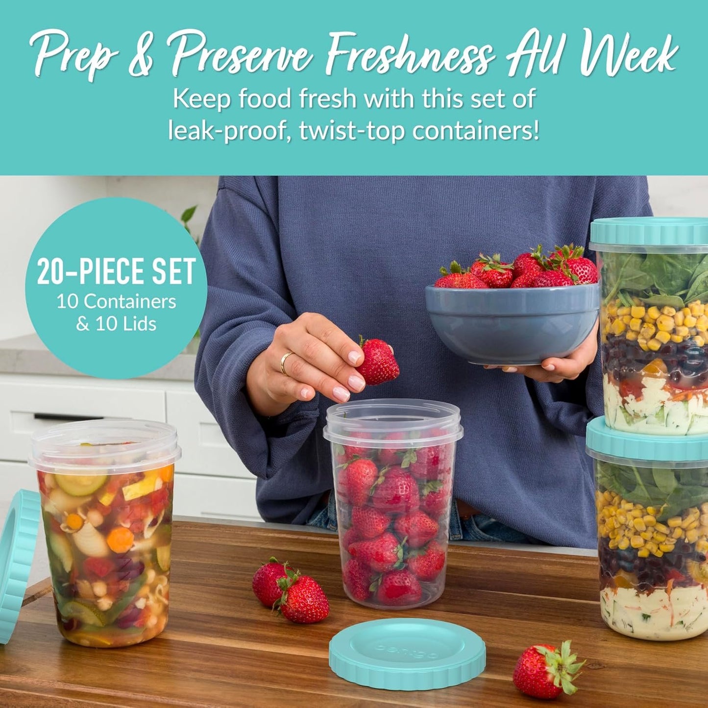 Bentgo Prep - 20 Piece 32 oz Leak-Proof Deli Containers with Lids, Food Storage for Meal Prep, Airtight, Twist-Top, Reusable, BPA-Free, Stackable, Microwave, Freezer, & Dishwasher Safe (Aqua Splash)