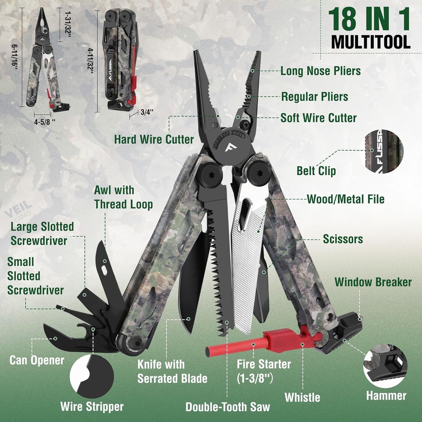 FLISSA 18-in-1 Multitool Pocket Knife with Sheath, Durable Stainless Steel Multi Tool Pliers for Men, Camo All-in-One Tool for Camping, Fishing, and Outdoor Use