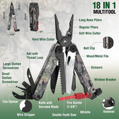 FLISSA 18-in-1 Multitool Pocket Knife with Sheath, Durable Stainless Steel Multi Tool Pliers for Men, Camo All-in-One Tool for Camping, Fishing, and Outdoor Use