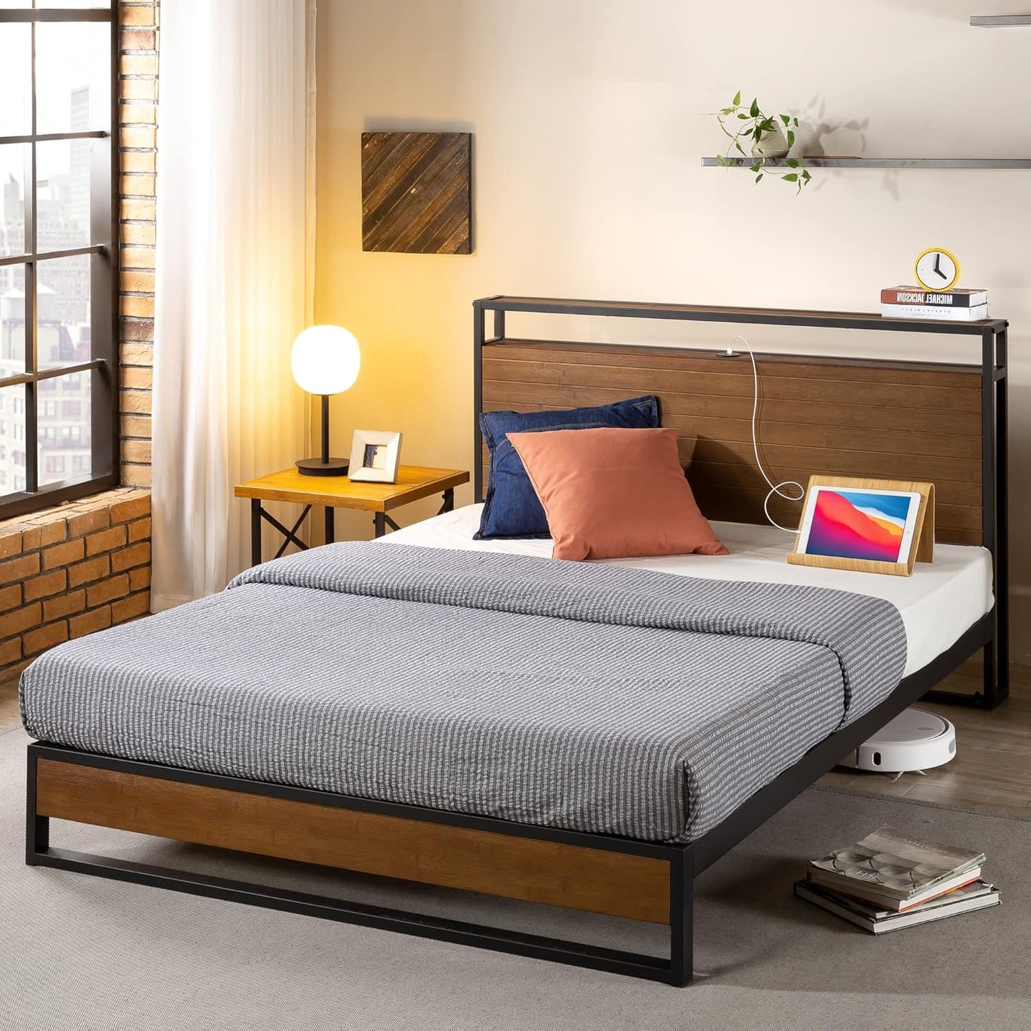 Zinus Ironline King Bed Frame with Headboard Shelf and USB Port Hub - Metal and Bamboo Wood Furniture Industrial Platform Bed