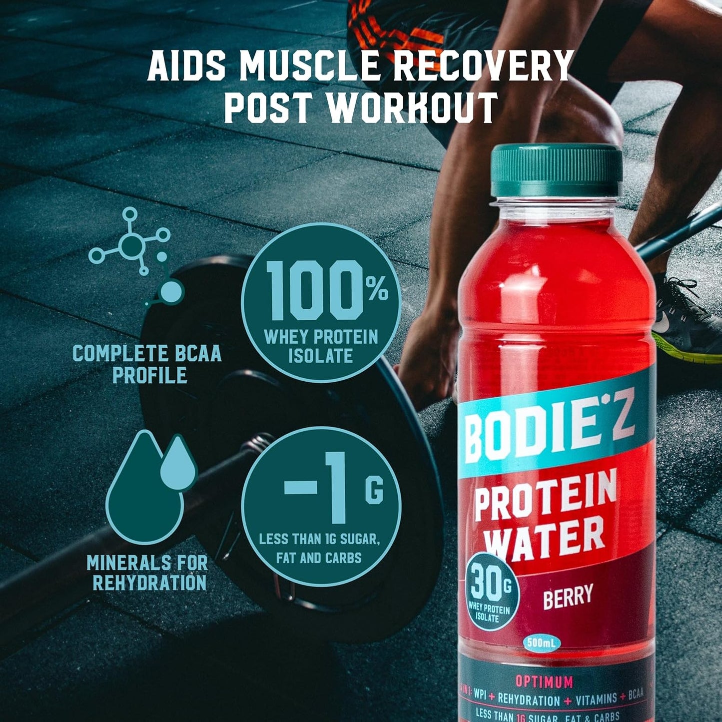 BODIE’Z Optimum 30g Whey Protein Water - Pre-Mixed Protein Powder Drink Less than 1g Sugar Fat and Carbs, 11 Vitamins and Minerals, Supplement for Lean Muscle Growth and Recovery, 500ml Berry 6 Pack