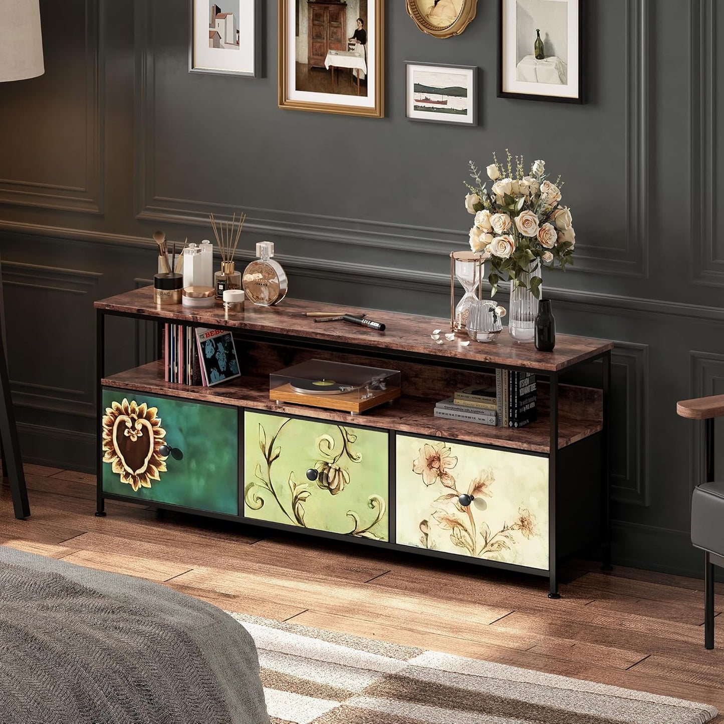MISNODE TV Unit Unit with LED Lighting and Fabric Drawers and Shelves TV Cabinet Low for Living Room Bedroom (Colorful, Large, 3 Drawers)