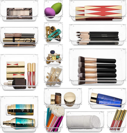 25 PCS Clear Plastic Drawer Organizers Set, 4-Size Versatile Bathroom and Vanity Drawer Organizer Trays, Storage Bins for Makeup, Bedroom, Kitchen Gadgets Utensils and Office Accessories