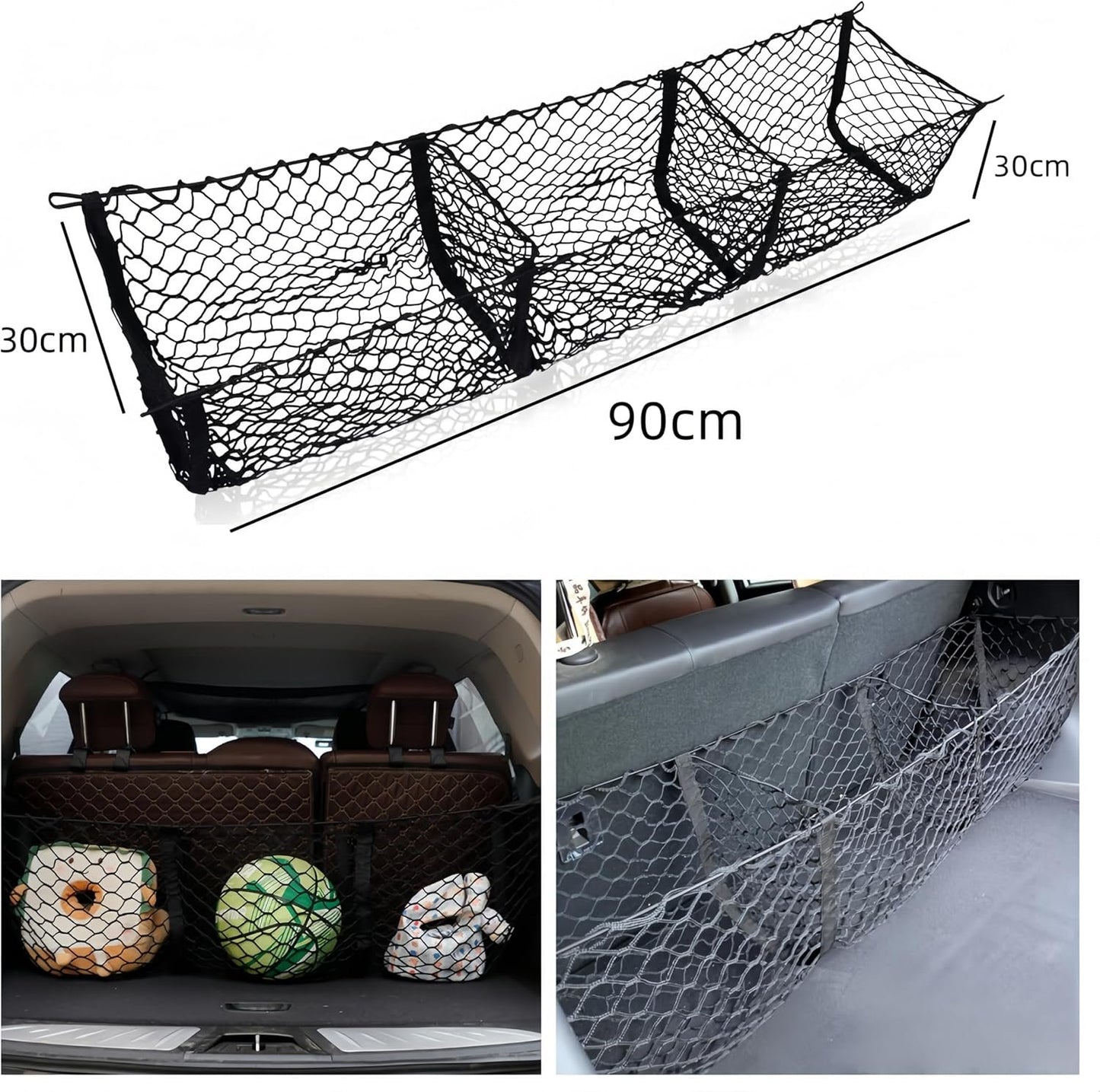 Ai-OUMLEEF Automotive Cargo Net,Detachable Cargo Net Trunk Bed Organizer, Cargo Net Trunk Bed Organizer with 4 Carabiners Accessories,Mesh Storage Net Heavy Duty Cargo Net with 3 Pocket(90*30*30cm)