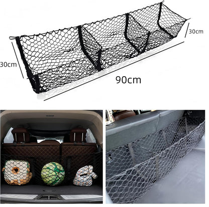 Ai-OUMLEEF Automotive Cargo Net,Detachable Cargo Net Trunk Bed Organizer, Cargo Net Trunk Bed Organizer with 4 Carabiners Accessories,Mesh Storage Net Heavy Duty Cargo Net with 3 Pocket(90*30*30cm)