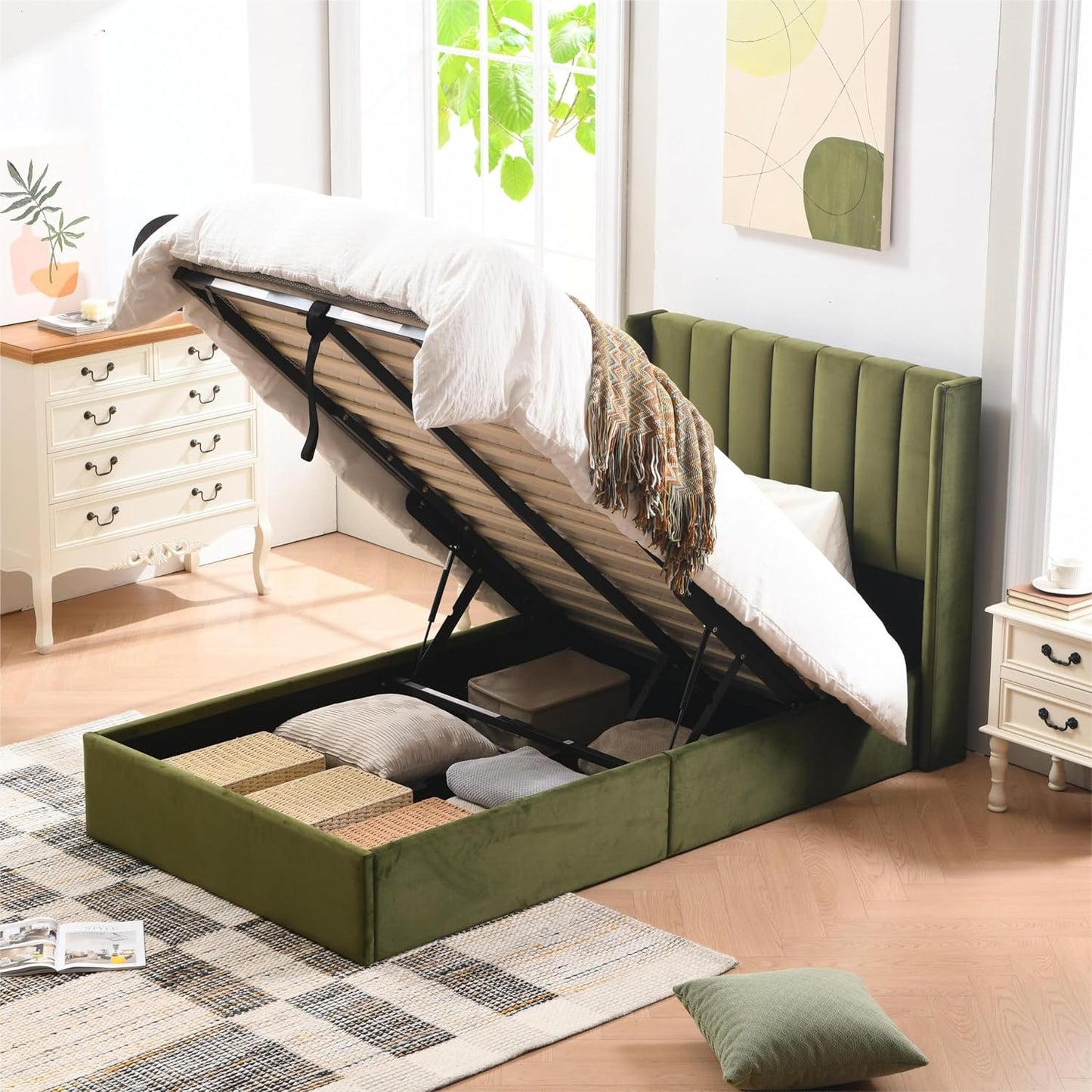 YUHUASHI Twin Size Hydraulic Storage Bed, Upholstered Platform Bed Frame, Modern Wingback Design Headboard, Velvet Fabric with Hydraulic Support Bars, No Box Spring Required (Grass Green, Twin)