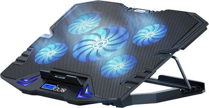 TopMate C5 Laptop Cooling Pad Gaming Notebook Cooler, Laptop Fan Cooling Stand Adjustable Height with 5 Quiet Fans Blue LED Light, Computer Chill Mat with LCD Controller, for 10-15.6 Inch Laptops