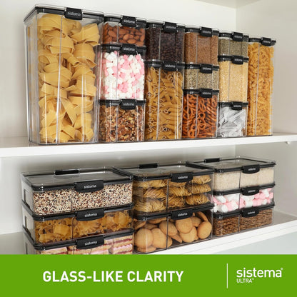 Sistema Ultra 1.73L Rectangle Food Storage Container | Stackable | Airtight Pantry Storage Container with Locking Clips | BPA & Phalate Free | Clear with Black Accents