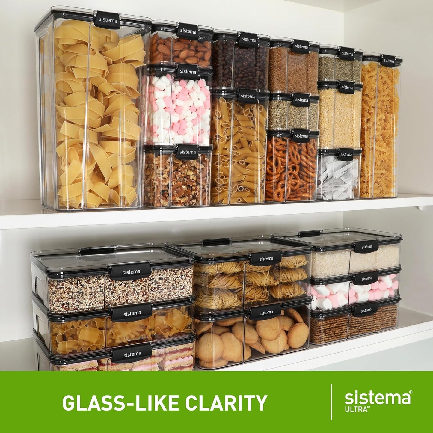 Sistema Ultra 2.63L Rectangle Food Storage Container | Stackable | Airtight Pantry Storage Container with Locking Clips | BPA & Phalate Free | Clear with Black Accents
