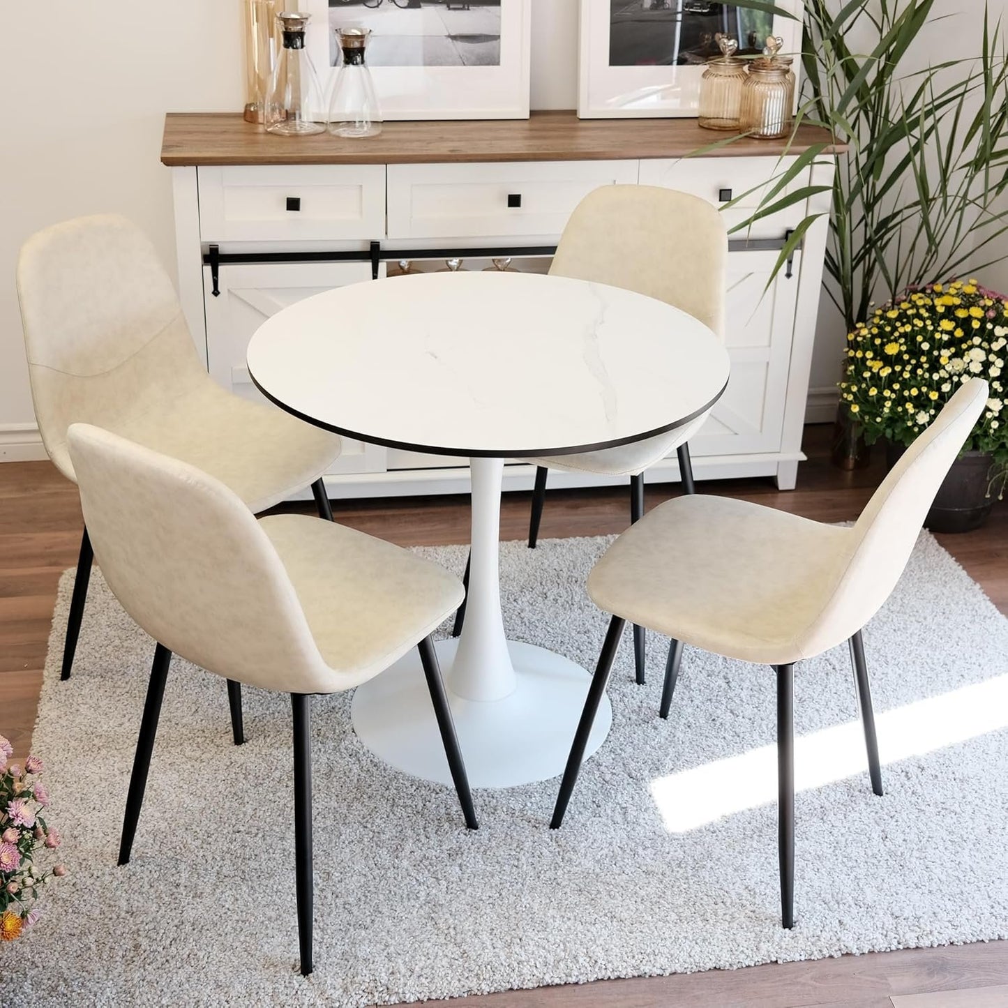 Inspirer Studio Dining Table Set for 4 - Tuilp Table with 4 Upholstered Dining Chairs (Matt Cream)