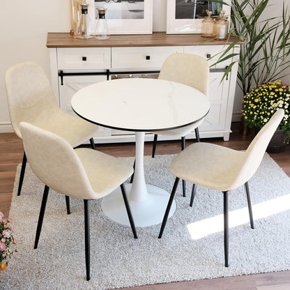 Inspirer Studio Dining Table Set for 4 - Tuilp Table with 4 Upholstered Dining Chairs (Matt Cream)