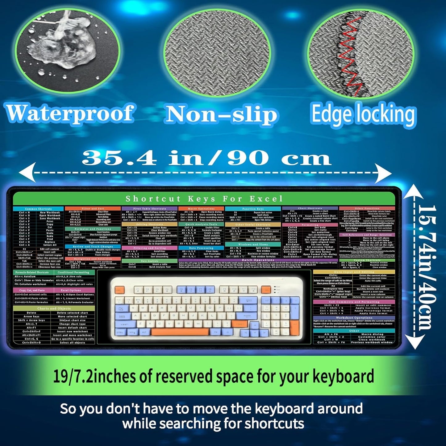 Excel Mouse pad,Computer Desk Accessories Over 150 Shortcut Keys,Non-Slip&Waterproof Desk mat,Large Excel Shortcut Mousepad(35.4x15.74 in)