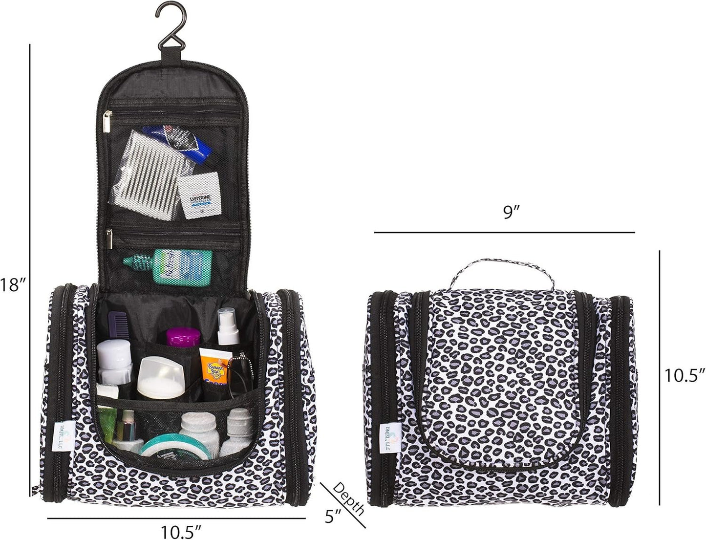 DMJSL Womens Hanging Toiletry Bag - Travel Makeup Organizer and Cosmetic Case, TSA Approved, Black Leopard Print