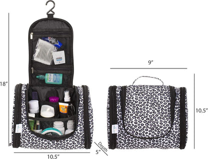 DMJSL Womens Hanging Toiletry Bag - Travel Makeup Organizer and Cosmetic Case, TSA Approved, Black Leopard Print