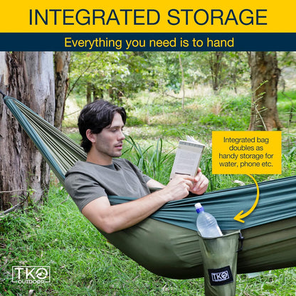 TKO Outdoor Double Camping Hammock - Portable Hammocks with Hanging Ropes | Lightweight Parachute Tree Hammock Tent for Backpacking, Travel, Beach, Backyard, Hiking, Indoor | Camping Gear Accessories