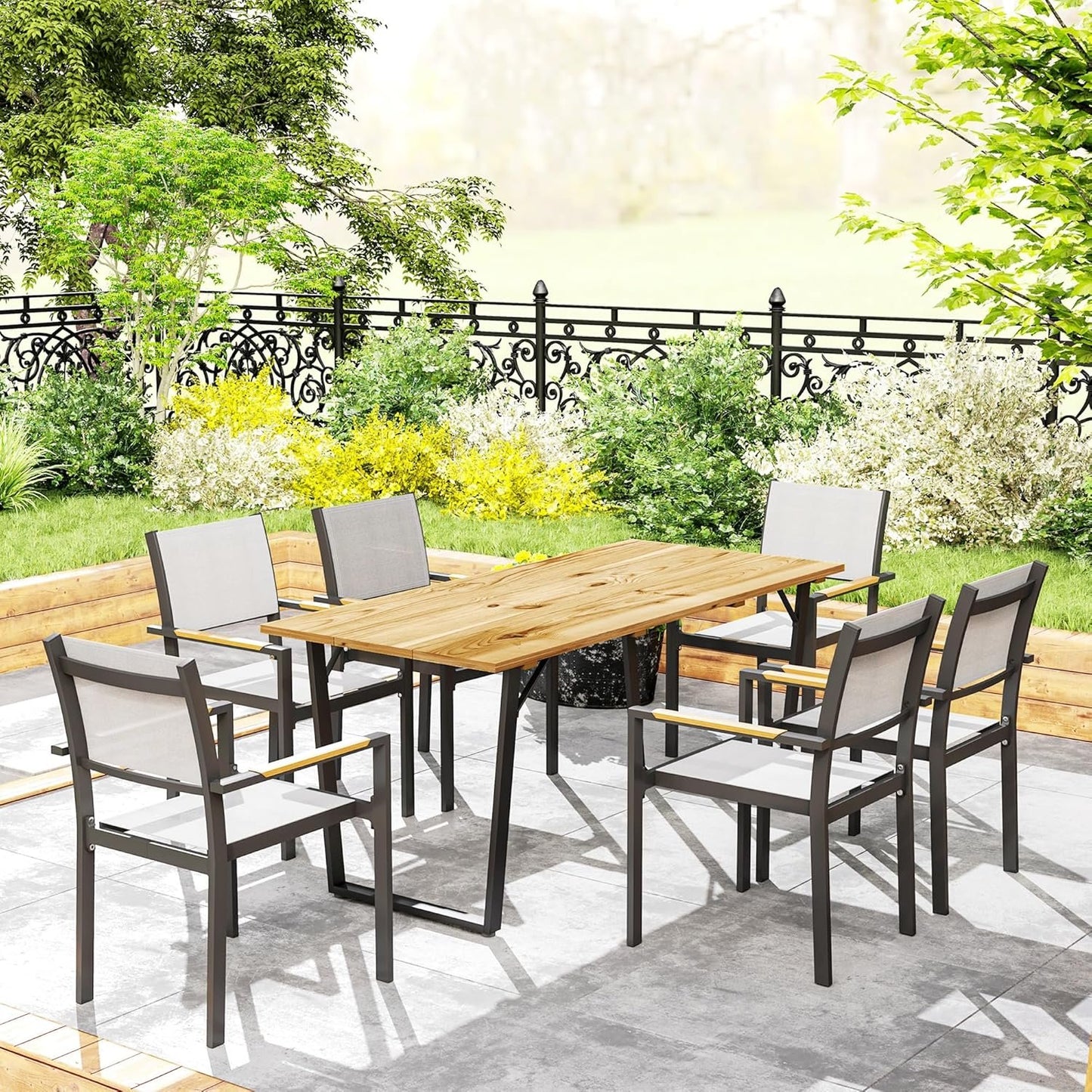 Outsunny Wooden Outdoor Dining Table for 6, 69" x 32" Rectangular Patio Table with 2" Umbrella Hole, Slatted Tabletop, Indoor Outdoor Dining Furniture for Yard, Deck, Lawn