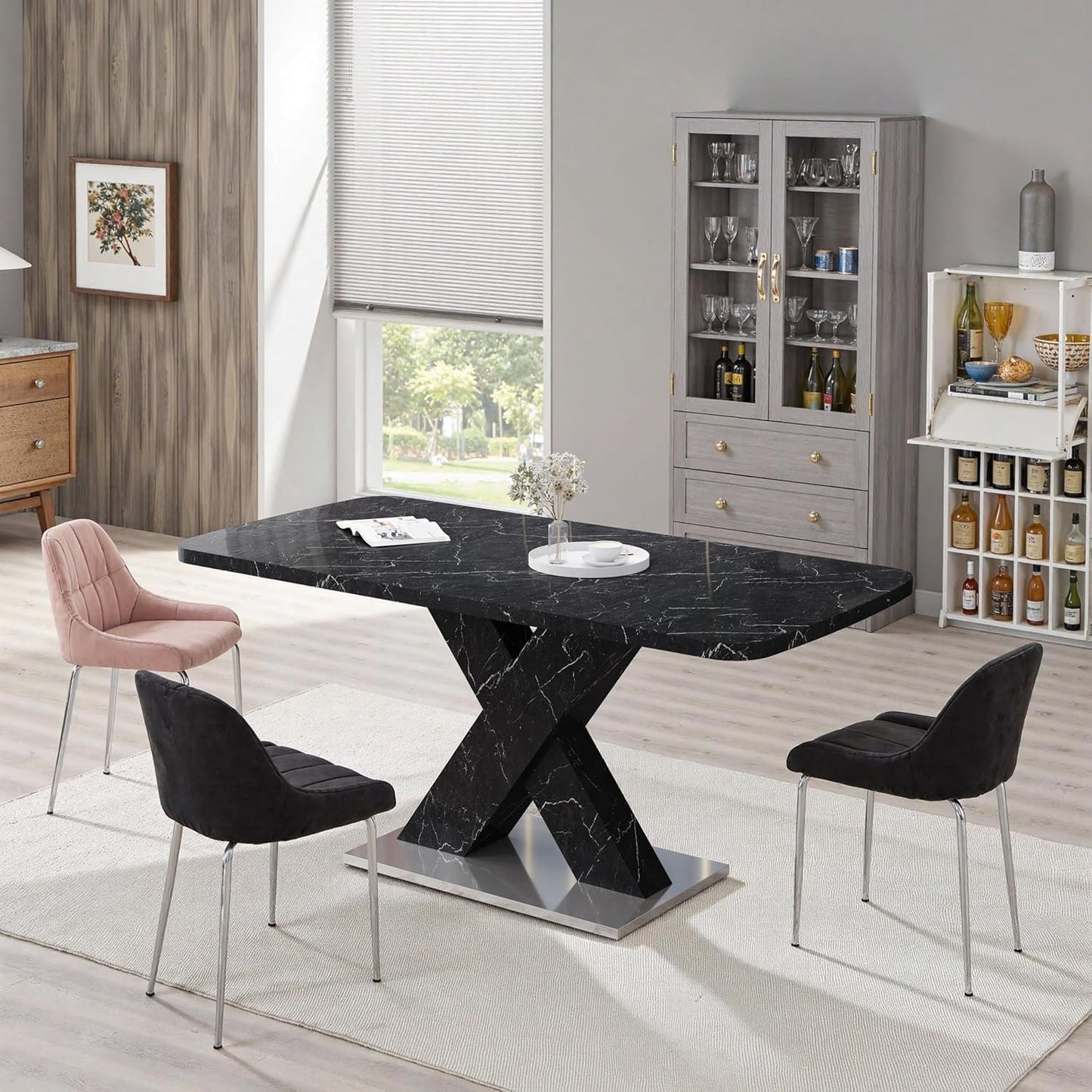 Modern Style Square Stretch Dining Table, Kitchen Table with Marble Table Top, MDF X-Shape Legs and Metal Base (Black)