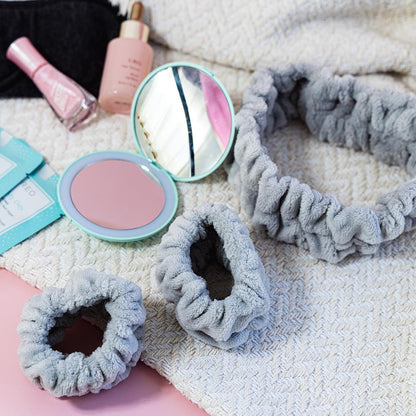 FROG SAC Puffy Spa Headband and Wristbands for Face Washing, Fuzzy Skincare Headbands for Women, Soft Makeup Skin Care Hair Accessories for Girls, Bubble Make Up Sleepover Party Supplies (Gray)