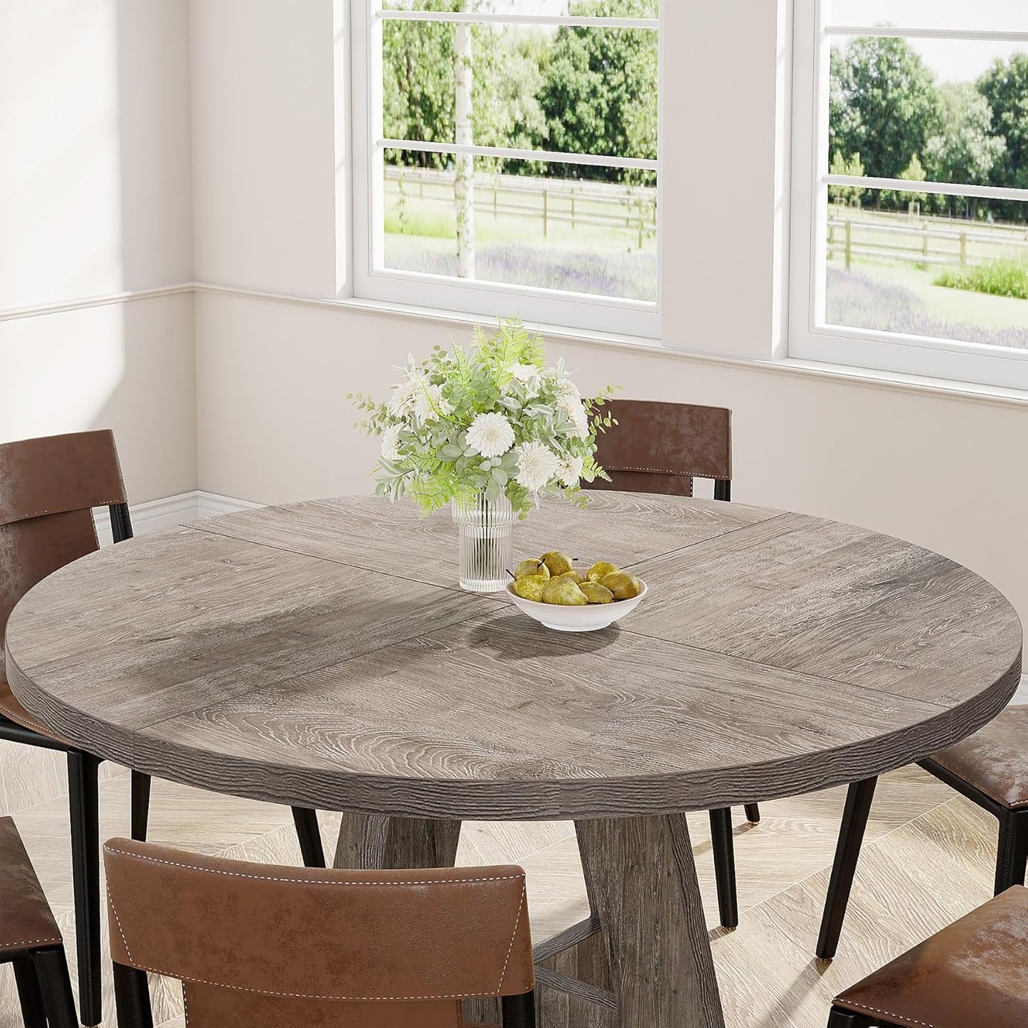 Tribesigns Round Dining Table Wood Kitchen Table for Dining Room, 120 cm Dinning Room Tables for 4 Adult, Farmhouse Dinner Table with Wooden Tabletop and Cross Base, Rustic Grey