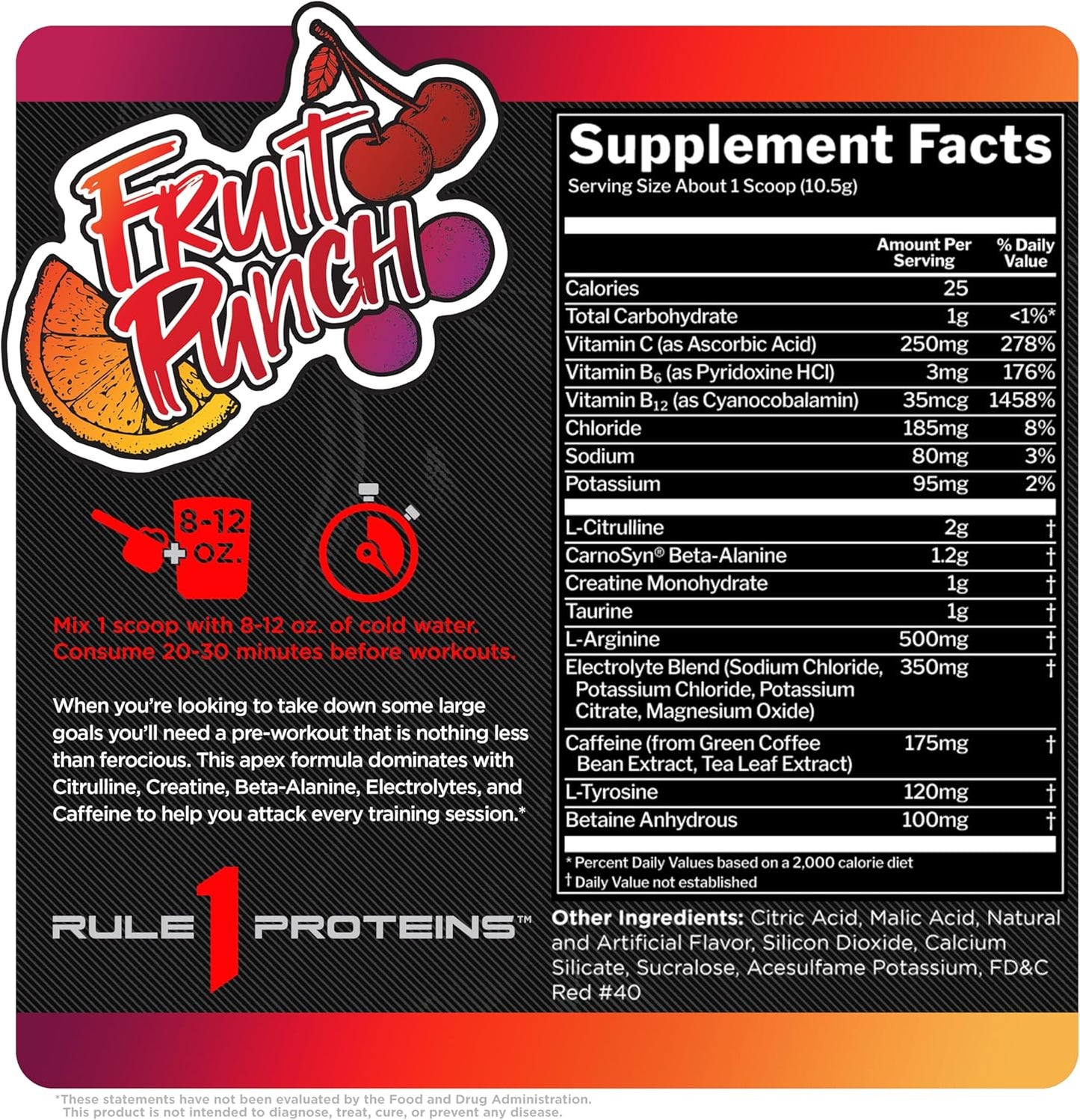 Rule1 R1 Roar Ferocious Pre-Workout Powder 315 g, Fruit Punch (30 Servings)