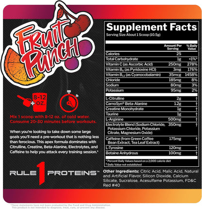 Rule1 R1 Roar Ferocious Pre-Workout Powder 315 g, Fruit Punch (30 Servings)