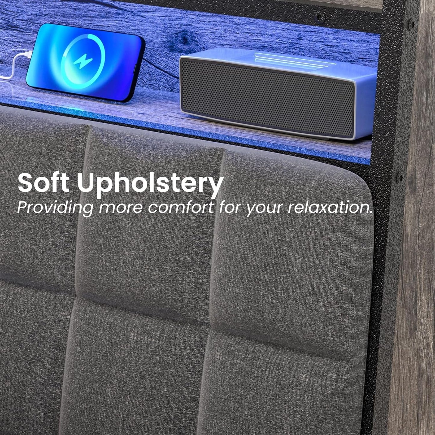 BedStory Bed Frame Full Size with Charging Station, LED Bed with Upgrade Upholstered Headboard, Ergonomic Bed Frame Headboard with Under Bed Storage, No Box Spring Needed, Noise Free Easy Assembly