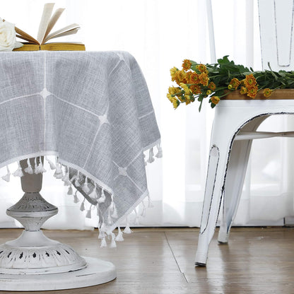 (Square, 90cm x 90cm , Light Grey) - LUCKYHOUSEHOME Cotton Linen Checked Lattice Small Square Tablecloth Embroidery Tassel Table Cover for Home Dinning Tabletop 90cm x 90cm , Grey