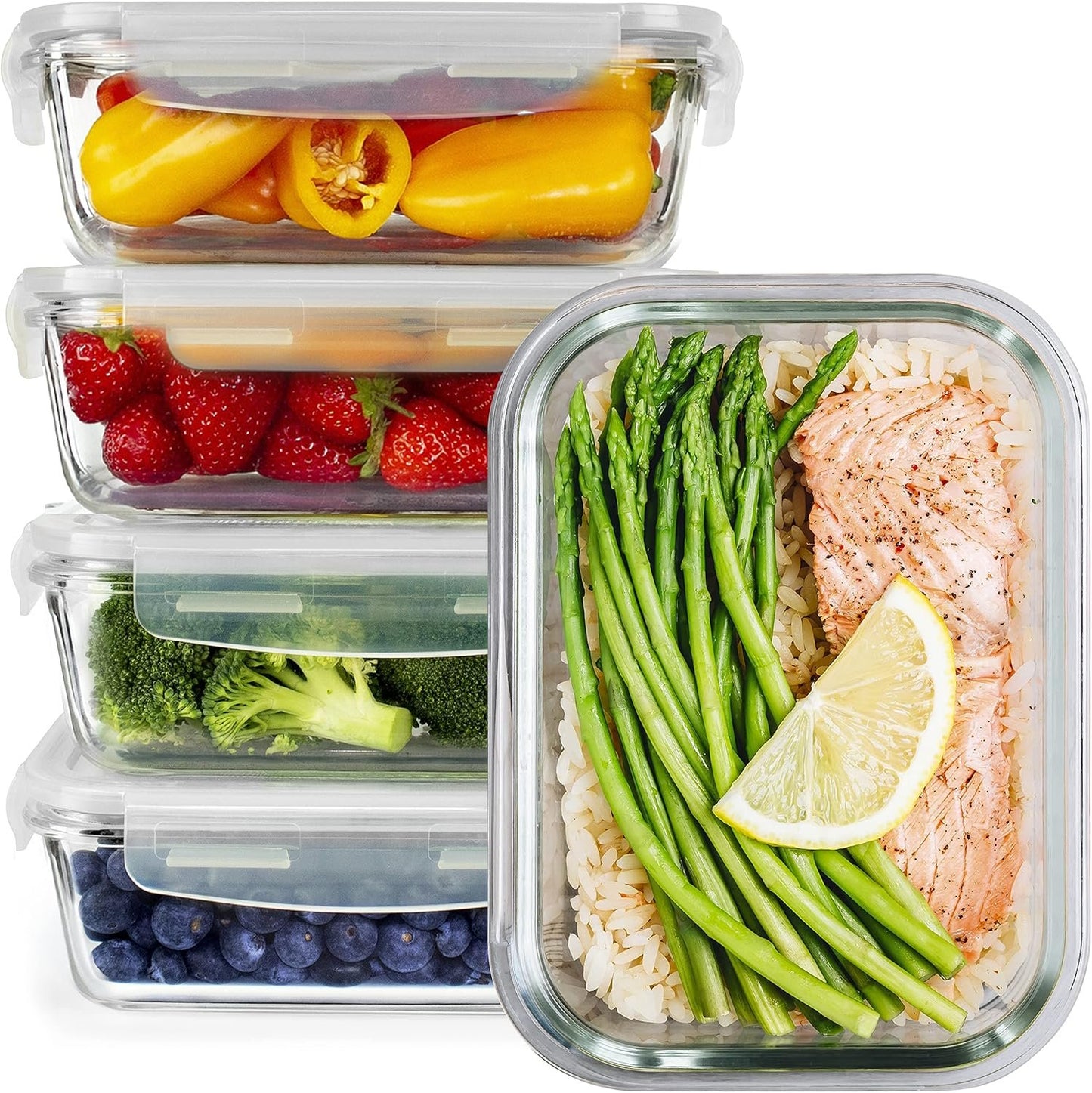 Glass Meal Prep Containers - [5 Pack] - Glass Storage containers, airtight - Food prep containers with lids - Glass Food containers with lids - Glass Lunch Box