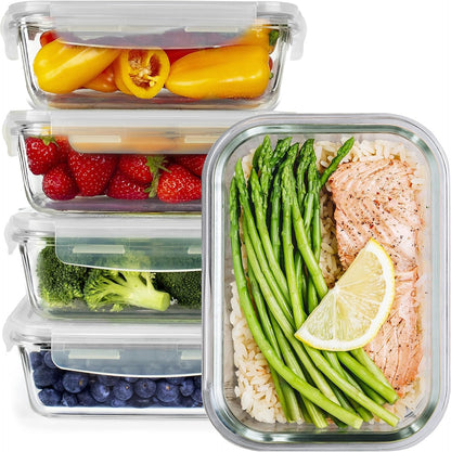 Glass Meal Prep Containers - [5 Pack] - Glass Storage containers, airtight - Food prep containers with lids - Glass Food containers with lids - Glass Lunch Box