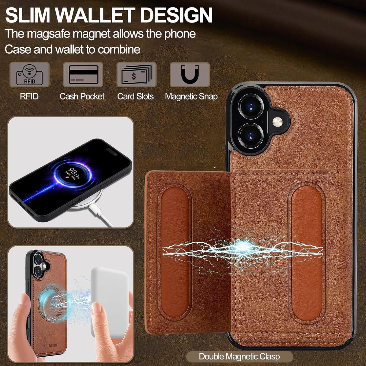 GoshukunTech for iPhone 16 Wallet Case with Card Holder,for iPhone 16 Magnetic Case[Detachable Card Pocket] Leather Flip Cover[Support Magsafe or Wireless Charging]-Brown