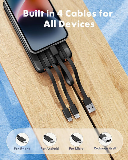 Charmast Power Bank with Built in Cables, 20000mAh USB C Battery Pack 5 Outputs 4 Inputs with LED Display Type C Powerbank,22.5W Fast Charging Portable Charger Compatible with Smartphones and More