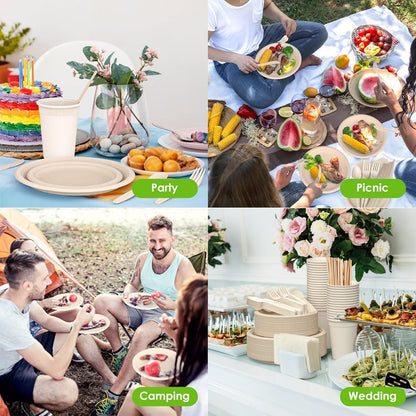 FEHHTO 400PCS Disposable Paper Plates Set, Compostable Eco-Friendly Dinnerware Set, Biodegradable Heavy-Duty Paper Plates, Utensils, Cups and Straws for Party Camping 50 People