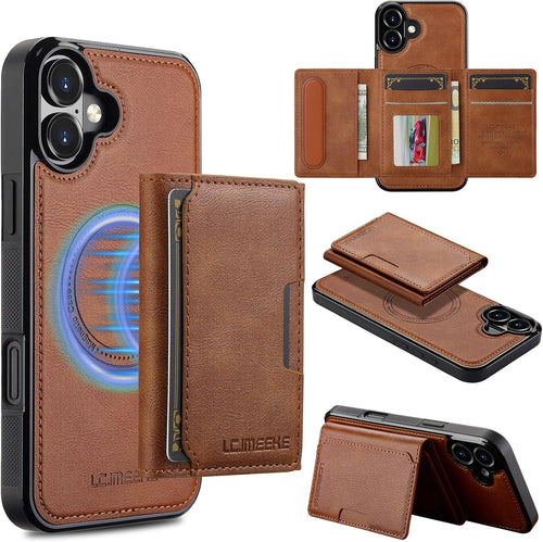 GoshukunTech for iPhone 16 Wallet Case with Card Holder,for iPhone 16 Magnetic Case[Detachable Card Pocket] Leather Flip Cover[Support Magsafe or Wireless Charging]-Brown